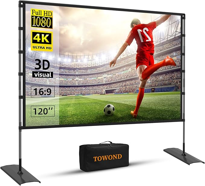 TOWOND Projector Screen and Stand, 120 inch Outdoor Projector Screen Indoor, Portable Movie Screen 16:9 4K Front Rear Projection Screen with Carry Bag Wrinkle-Free Design for Home Backyard Theater