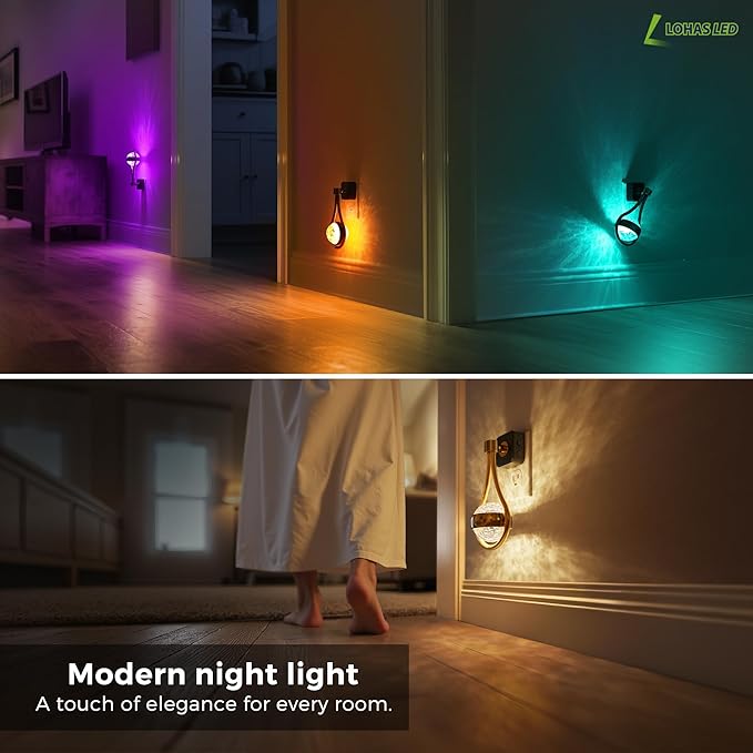L LOHAS LED Night Lights Plug Into Wall: 2 Pack Star Projector RGB Night Light with 10 Color Change, Dusk to Dawn Sensor, 330°Rotating Globe Night Light for Bedroom, Hallway, Home Decor, Gaming Room