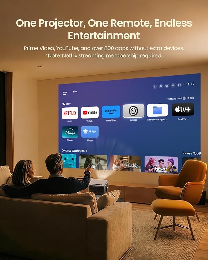 4K Projector with WiFi and Bluetooth, Home Theater 1500 ANSI Lumen Movie Projector,30W Dolby Audio, Licensed Apps Smart Projector,Auto Focus/Keystone,MEMC,360° Adjustable Swivel Stand
