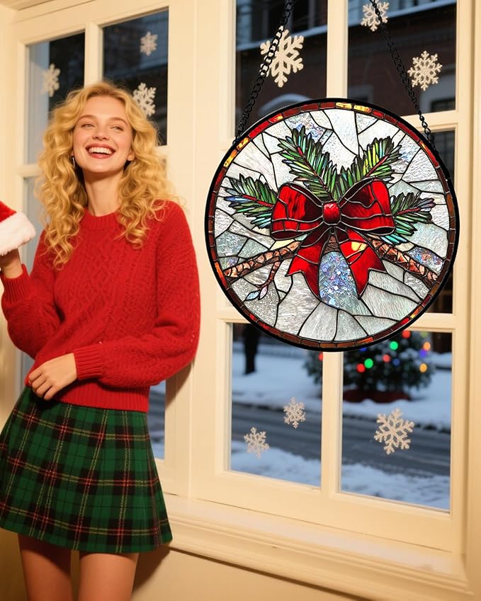 DASTOLL Stained Glass Window Hanging - Pine Branches Red Bow Suncatcher for Doors Home Christmas Decoration Silver Sun Catcher Thanksgiving New Year Birthday Gifts for Women Men Mom Nana 6.3 in