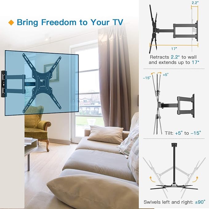 Full Motion TV Wall Mount Bracket Articulating Arms Swivels Tilts Extension for Most 24-55 Inch LED LCD Flat Curved Screen TVs, Max VESA 400x400mm up to 66lbs by Pipishell