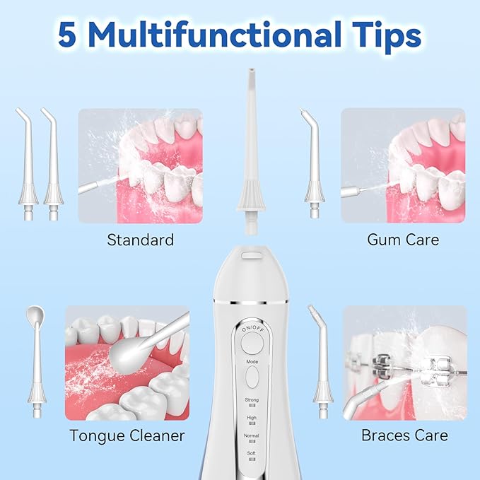Cordless Portable Water Flosser with 300ML Tank: Rechargeable Oral Irrigator with 5 Tips for Travel, Braces Care and Sensitive Gums, IPX7 Waterproof Teeth Cleaning Device(White)