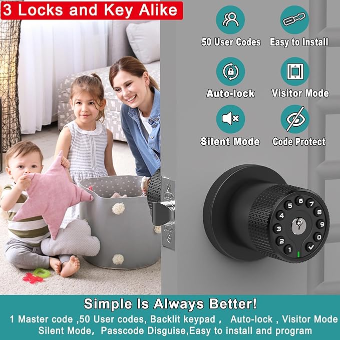 BOTHSTAR 3 Pack Black Key Alike Keyless Electronic Door Knobs with Backlit Keypad, Heavy-Duty Lock, Auto-Lock, Weather Resistant