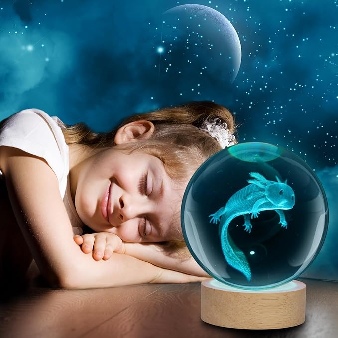 LQYHZCZQ 3D Axolotl Crystal Ball Night Light with 16 Color LED Wooden Base with Remote Control, 3.15 Inch Crystal Ball Night Light