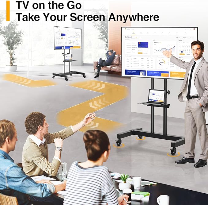 TVON Rolling TV Stand for 32-83 inch Flat Screen/Curved TVs up to 110 lbs, Height Adjustable Portable TV Stand on Wheels with Metal Laptop Shelf, TV Stands for Living Room, Home and Office Use