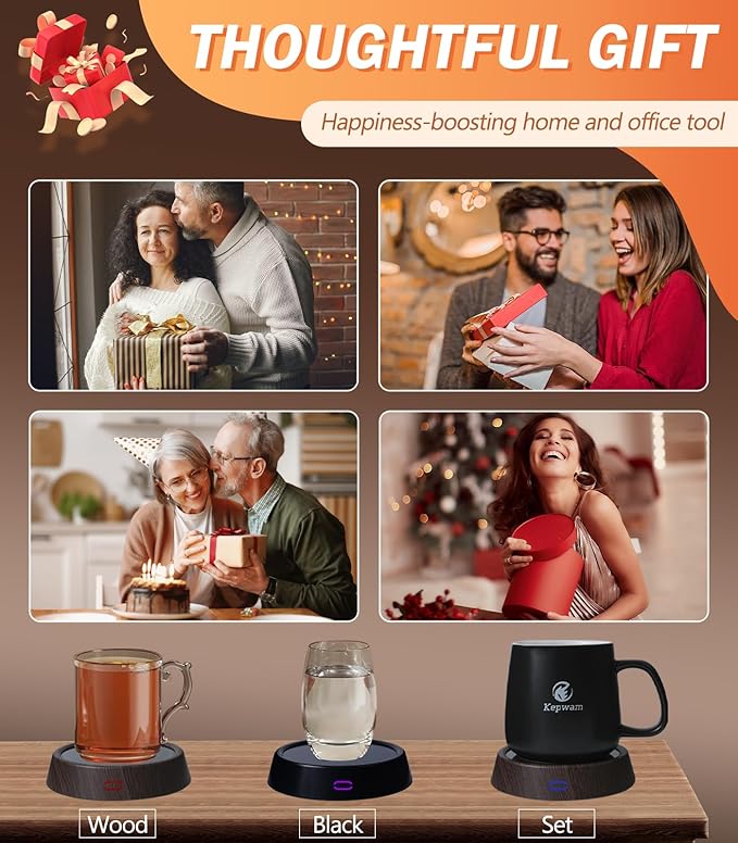 Kepwam Mug Warmer - 25W Coffee Warmer for Desk Auto Shut Off, 3-Level Temp with Indicator Lights, Smart Candle Warmer Plate, Cup Warmer Heated Coaster for Coffee, Milk, Tea, Safely Use for Office/Home