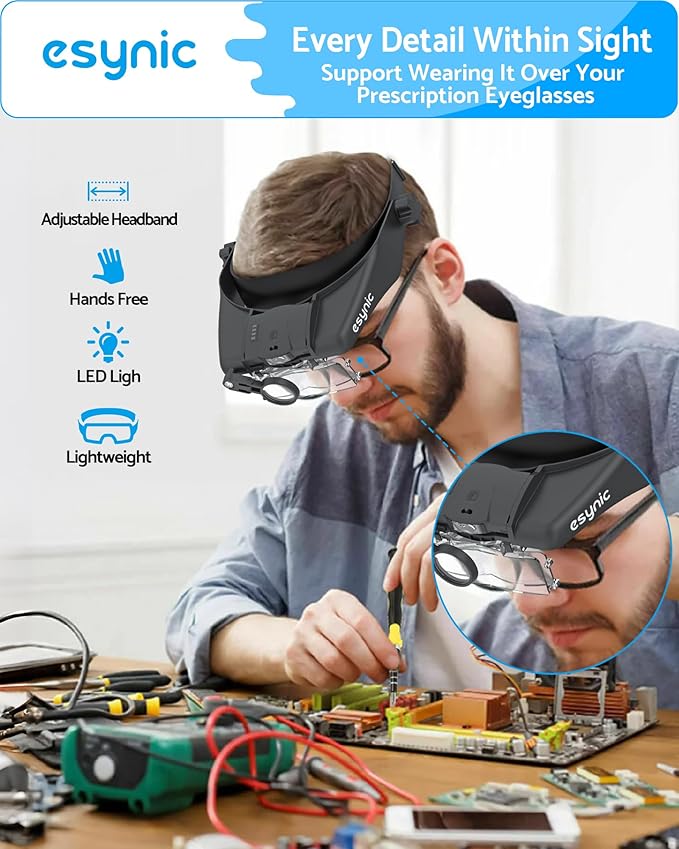 eSynic Type-C Rechargeable Magnifying Glasses Headset-Up to 13X Magnification-5 Interchangeable Lens-2 LED Lights -2 Adjustable Brightness Levels-Comfort & Fit Headband Magnifier for Reading/Jewelry