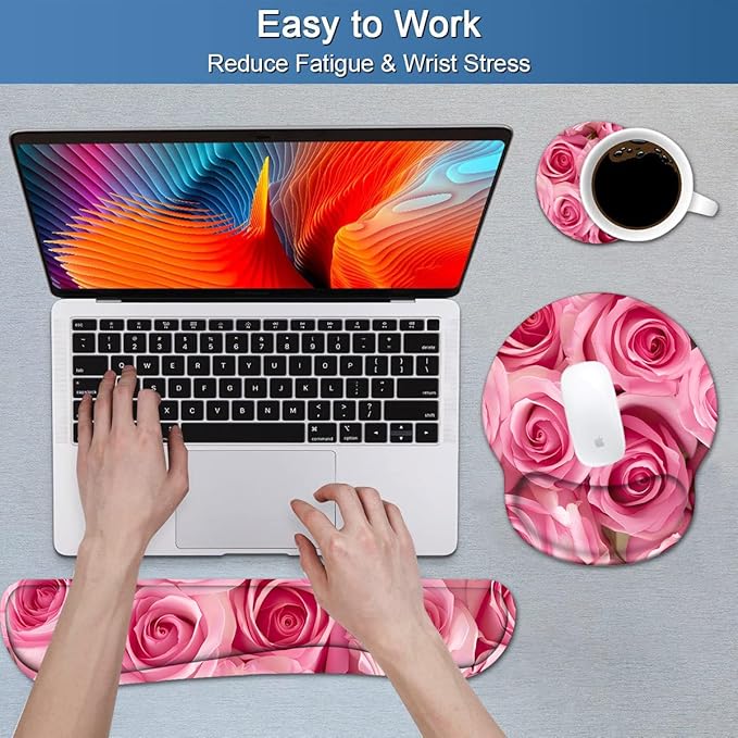 Keyboard Wrist Rest and Mouse Pad Wrist Support Set with Coasters, Non-Slip PU Base Ergonomic Gaming Mousepad for Home Office Working Studying Easy Typing & Pain Relief, Pink Roses