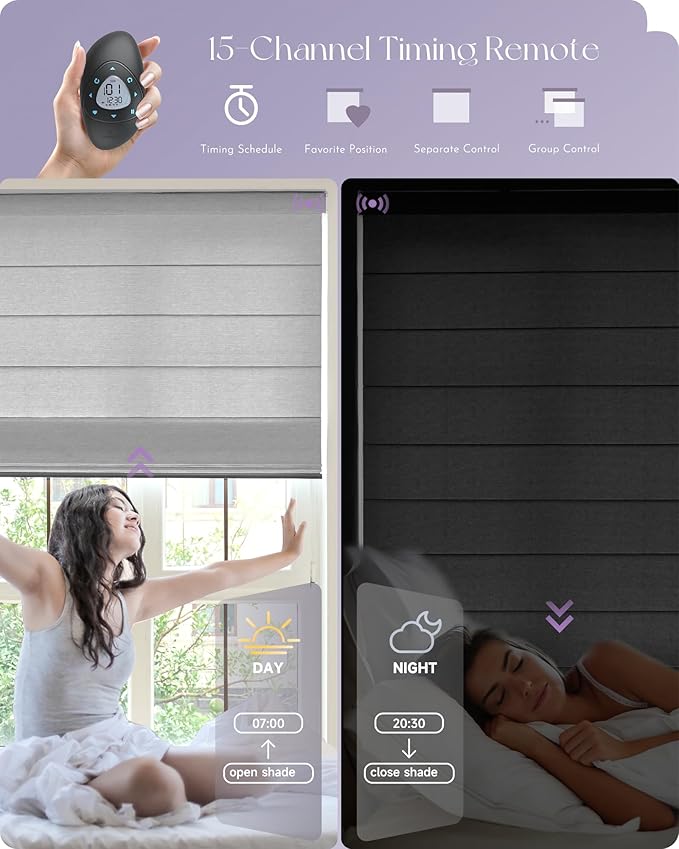Graywind Smart Roman Shades Compatible with Alexa Google WiFi Hardwired Automatic Blind Remote Light Filtering Plain Fold Soft Roman Window Shades for Windows Doors, Custom Size (Matelasse Grey)