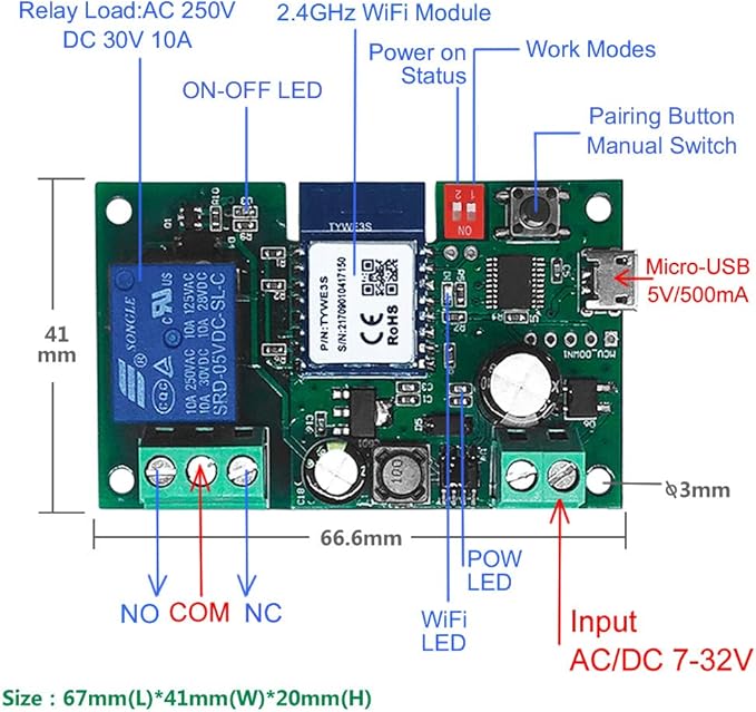 Newgoal WiFi Wireless Inching Relay Switch Momentary DIY Smart Home Remote Control DC 5-32V AC 90-250V Compatible With Alexa Echo IFTTT (Using TUYA/Smart Life APP)