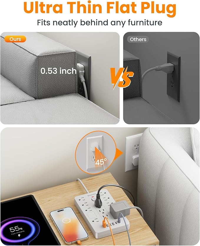 Bawmwim Surge Protector Power Strip - 11 Outlets(1850W/15A) with 6 USB Ports(2 USB C), 10FT Flat Plug Extension Cord, Wall Mount, White, ETL Listed for Home, Dorm Room