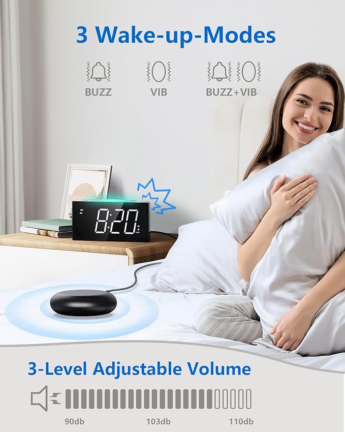 Vibrating Alarm Clock with Bed Shaker for Heavy Sleepers, Beside Clock with Night Light for Bedrooms, 2 USB Chargers,Large LED Display with Dimmer,Snooze 12/24H DST, Battery Backup
