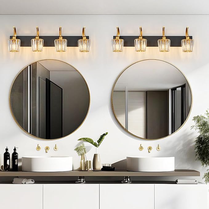 FDPBY Modern Bathroom Vanity Light, 4-Light Black Gold Wall Sconce with Crystal Accents, Over Mirror Bathroom Lighting Fixture, 32.67" Long Dimmable Vanity Lamp for Makeup, Easy Installation