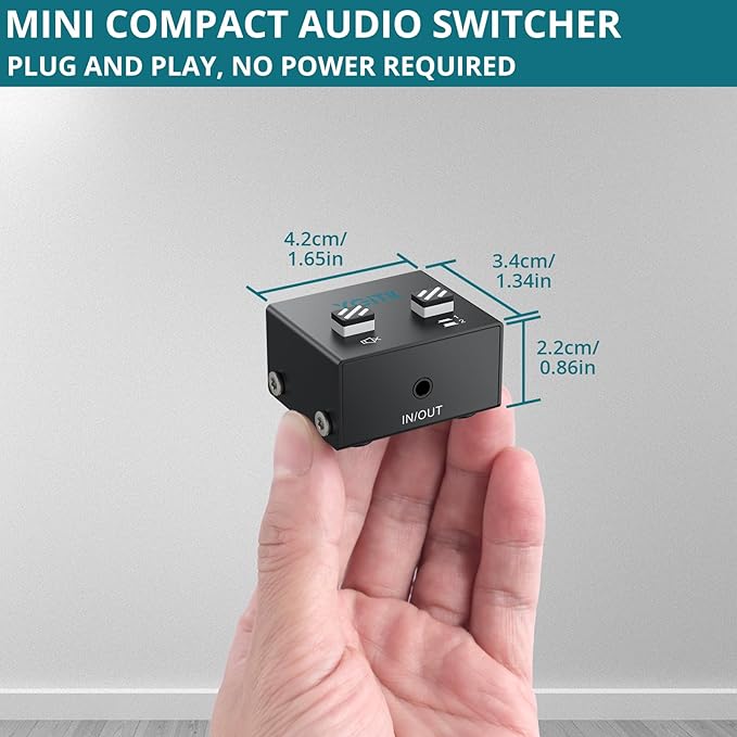 YGITK 3.5mm Audio Switch Bi-Directional, 2-in-1 & 1-in-2 Stereo Audio Switcher with Mute Button, No External Power Required, Includes 3.5mm Audio Cable, fo Speakers, PC, Phone, Laptop, Headphone