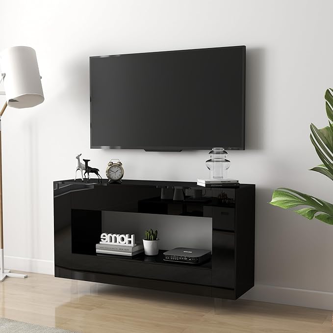 Vavkorkula High Gloss TV Stand for 55 Inch with 2 Large Drawers & Hidden Storage Cabinets, Modern Entertainment Center Television Stands for Living Room Bedroom, Black