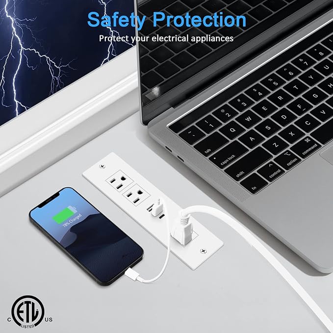 Recessed Power Strip, Furniture Plug in 3 Outlets & Fast Charging 20W PD USB-C Port & 18W/3A QC3.0 USB-A Ports Drawer Outlet with 10 FT Flat Extension Cord, White Desk Grommet Outlet for Table Top