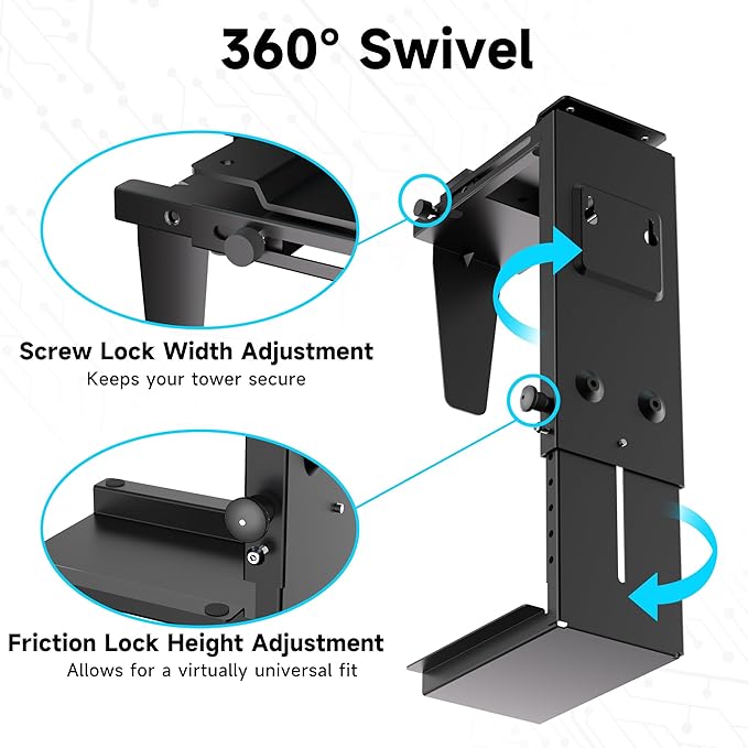 Pholiten Under Desk CPU Mount,Universal Desk Leg CPU Mount,3.94 to 11.61 inch Wide Computer Case CPU Hanger Holder,Table Beam CPU Mount Bracket Computer Tower Wall and Under Counter Holder
