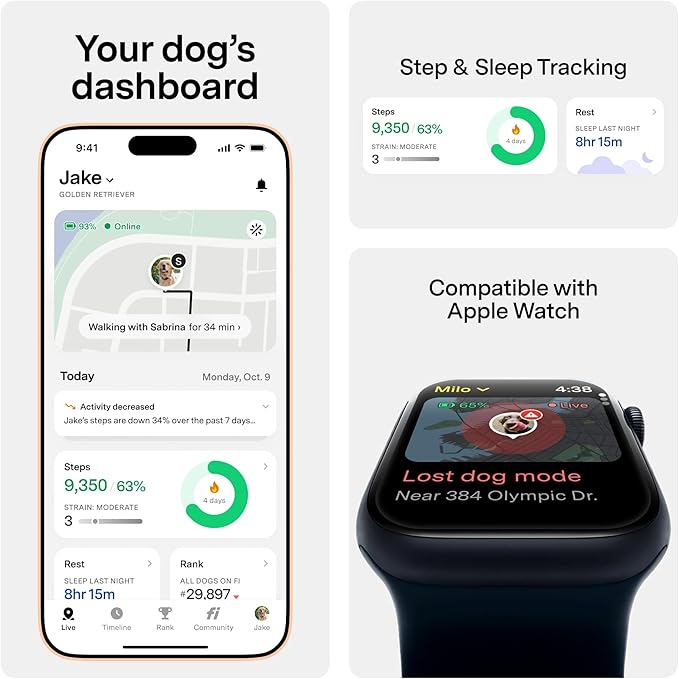 New Fi Series 3+ Smart Dog Tracker Collar [12 Month Membership Included] GPS Tracker for Dogs with Health & Behavior Monitoring, Escape Alerts, Waterproof, LED, Apple Watch Compatible (Gray, X-Small)