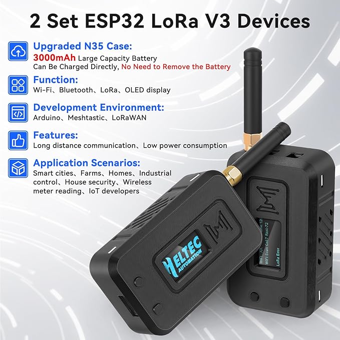 Meshnology 2 Set ESP32 Lo Ra V3 Module Board with 915 MHz Antenna + 3000mAh Battery + Case - WiFi Blue Tooth SX1262 CP2102 0.96” OLED Display Type C for Ar duino Mesh Tastic IoT (N35, Black)