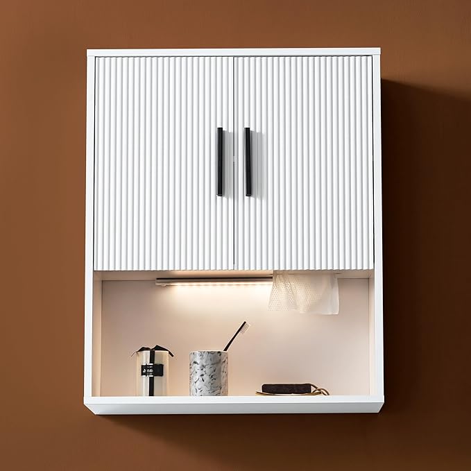 Modern Fluted Bathroom Wall Cabinet with Motion Sensor LED Light, White Over The Toilet Storage with Tissue Dispenser, Soft-Close Hanging Medicine Cabinet with Adjustable Shelves & Open Rack