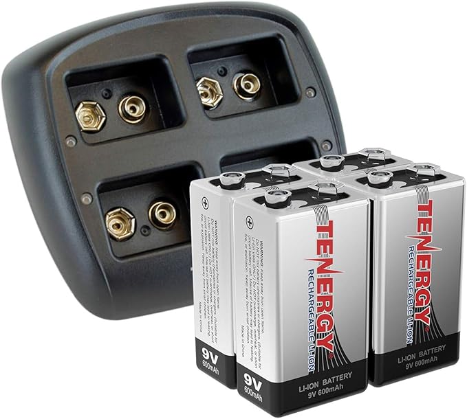 Tenergy TN294 4-Bay 9V Li-ion Battery Charger + 4pcs 9V 600mAh Li-ion Rechargeable Battery