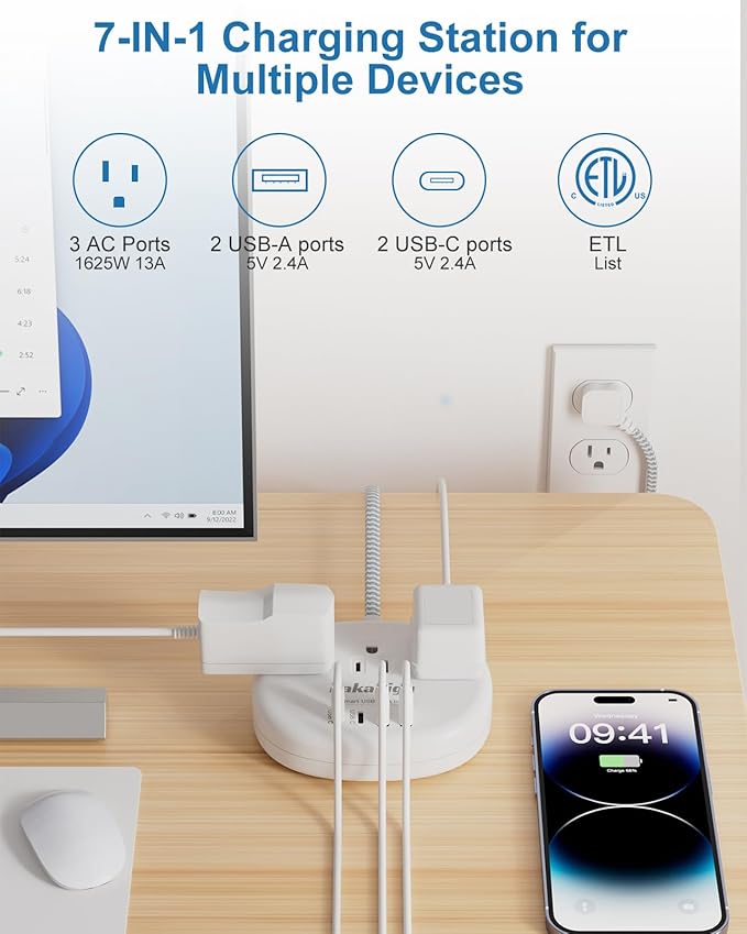 Small Extension Cord with USB C - 5 FT Short Extension Cord, 1625W 3 Prong Power Strip with 3 AC Outlet 4 USB (24W/4.8A), Bedside Charging Station for Home Office Dorm Room Essentials