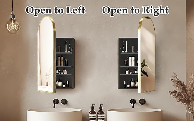 Arched Medicine Cabinet with Mirror Left or Right Opening,Bathroom Medicine Cabinet Wall Mounted,Bathroom Mirror with Storage and Adjustable Shelves,15.7x29.5 Not Recessed,Gold