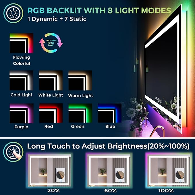 YEELAIT 51x40 Inch RGB LED Bathroom Mirror Front Light and RGB Backlit Lighted Vanity Mirror for Bathroom Wall Mounted Dimmable Anti Fog Memory Shatter-Proof IP54 Waterproof Horizontal/Vertical