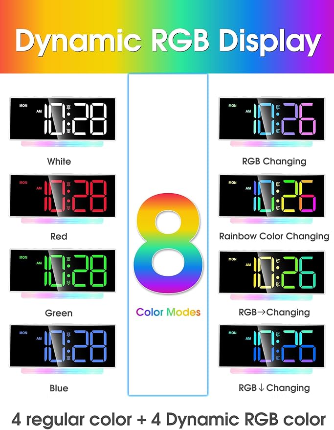 Cadmos Modern Curved Cute Digital Alarm Clock,Colorful Led Display,Adjustable Volume,Weekday/Weekend Mode,Simple Clock for Bedrooms Bedside,Ok to Wake Up for Girls,Kids,Teens (Pink+Dynamic)