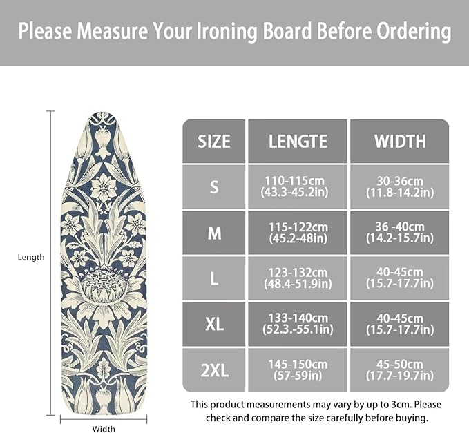 ZCFYGDX William Morris Art Floral Ironing Board Cover Decor, Resist Scorching & Staining, Easy Install Resistant Elastic Edges,3 Nylon Buckle Fasteners Straps,Relaxing Breathable Ironing Experience L