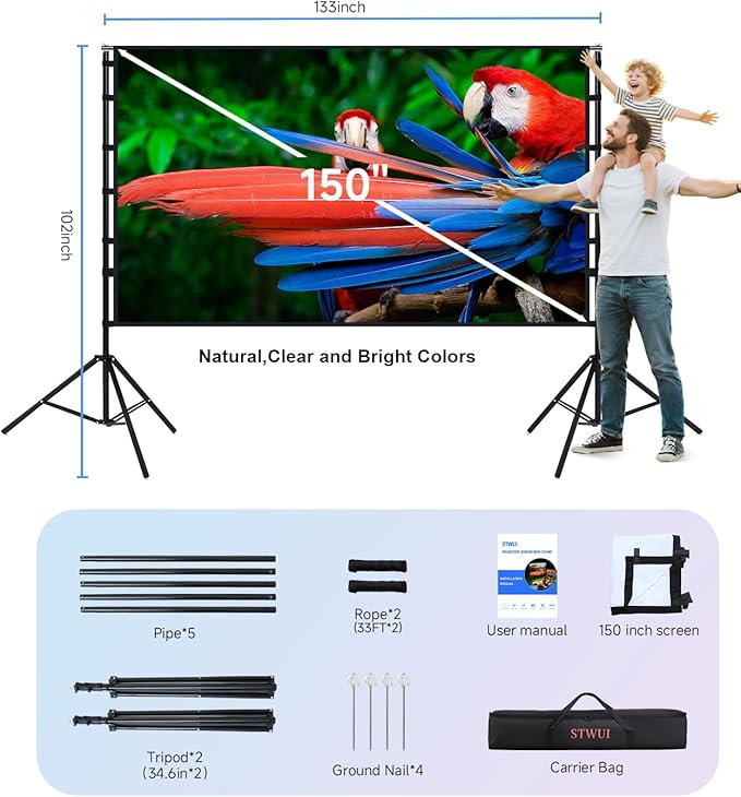 STWUI Projector Screen with Stand - 150 Inch Portable Projector Screens Outdoor Indoor Projector Screen 16:9 4K HD Outdoor Movie Screen with Carry Bag,Enioy Home Theater Projection Screen