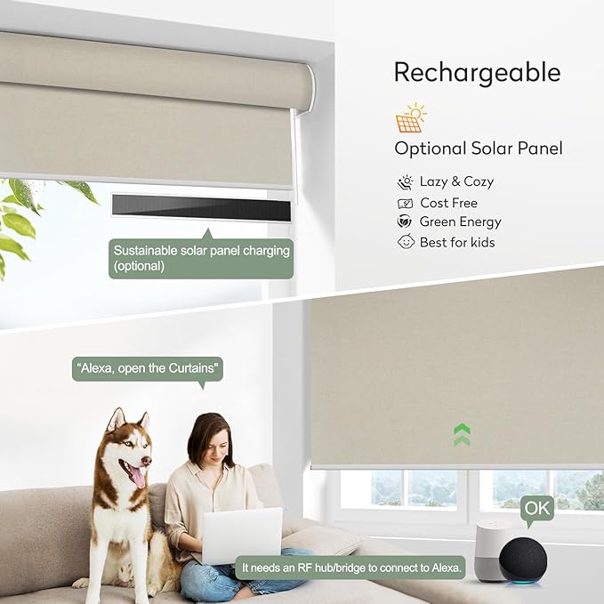 ZSHINE Motorized Blackout Window Blinds Customize Width Remote Control Rechargeable Motor Roller Shades for Windows, Home, Office, Hotel, Club, Restaurant(82026C)…