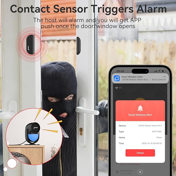 CPVAN WiFi Motion Sensor Alarm, 125dB Wireless DIY Smart PIR Motion Detector with 6 Door/Window Sensors for Home Security System - On Spot Alarm & APP Alert, Black