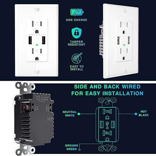 EverElectrix 10 Pack 4.8A Wall Outlet with USB Ports 15Amp Duplex USB Wall Outlets Tamper Resistant Outlet Charger, UL Listed, Electrical Outlet with Dual Port, White Outlets Receptacles
