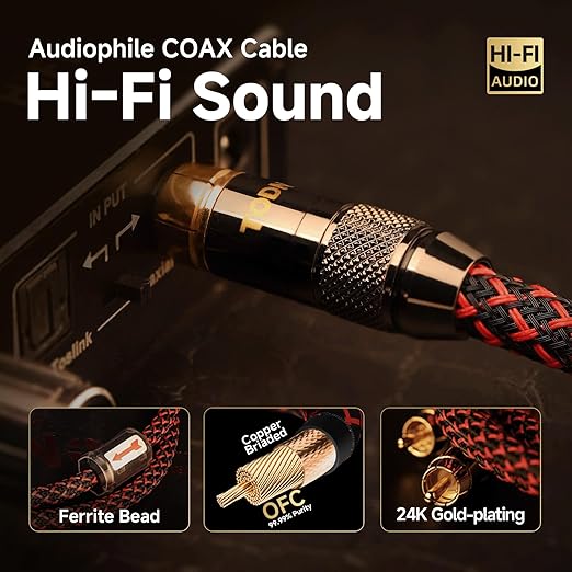 TODN HiFi Digital Coaxial Audio Cable for Audiophile 75-Ohm SPDIF Coax Subwoofer Cable RCA to RCA with OFC Core and Shielded (3ft /1m)
