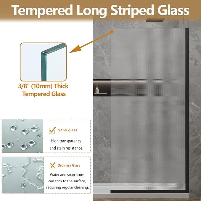 36"x76" Fixed Glass Shower Door, 3/8"(10mm) Thick Fluted Privacy Tempered Glass, Frameless Shower Glass Panel, Shower Screen Half Wall for Walk in Shower, Matte Black