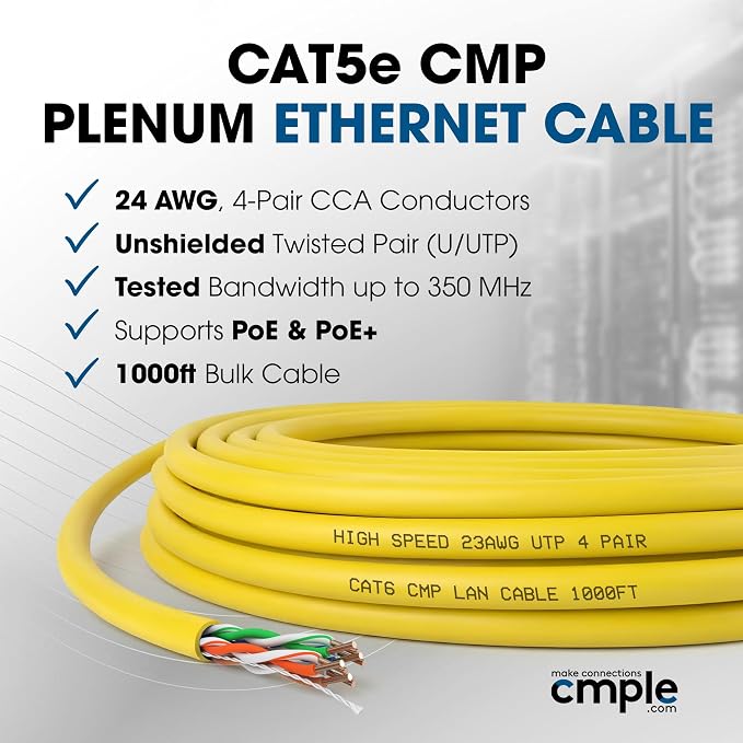 Cmple - Cat5e Plenum Cable 1000ft, 350MHz Gigabit Ethernet Solid Network - Image 2