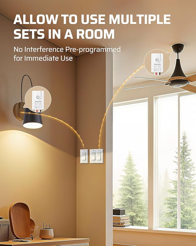 DEWENWILS Wireless Light Switch and Receiver Kit, 15A, No in-Wall Wiring Required,Remote Control Wall Switch Lighting Fixture for Ceiling Lights, Fans, Lamps,100 Ft RF Range, Programmable