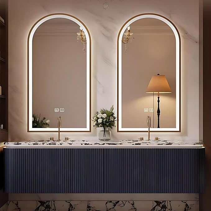 Bathroom Vanity with Double Sinks - LED Smart Defogging Mirror & Equipped with Tissue Hole | Modern Double Sink Bathroom Cabinet, 2 Drawers & Wavy Panel, Dark Blue (Mirror, 56IN)