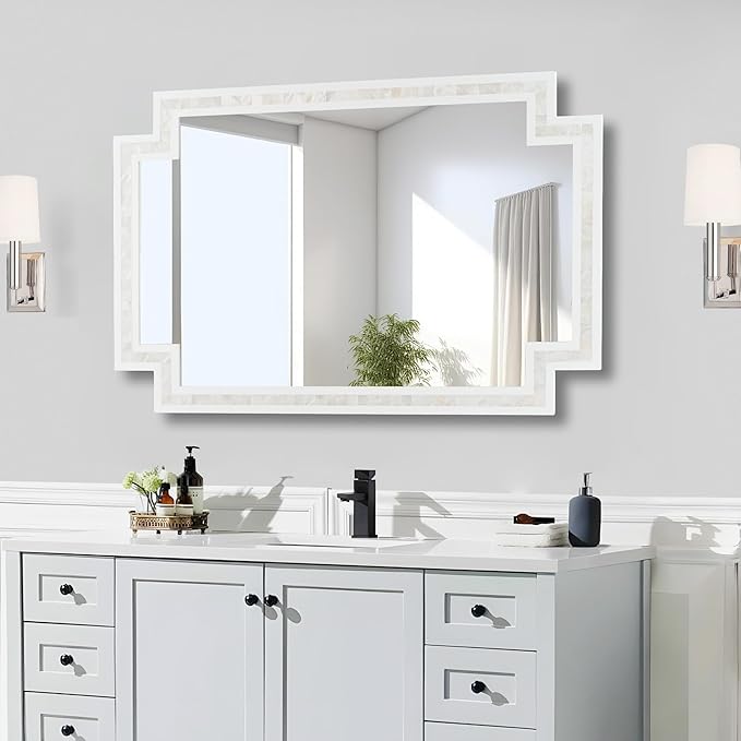 Tanmicoshomy 24 x 36 Inch Rectangle Mirrors for Wall, Natural Shell Framed Decorative Mosaic Mirror for Bathroom, Bedroom, Living Room or Entryway, Wall Mounted Horizontal or Vertical