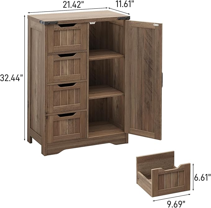 Vabches Farmhouse Bathroom Cabinet, Freestanding Storage Cabinet with 4 Drawers and 1 Door, Rustic Storage Organizer with Adjustable Shelf for Bathroom, Living Room, Entryway, Grey