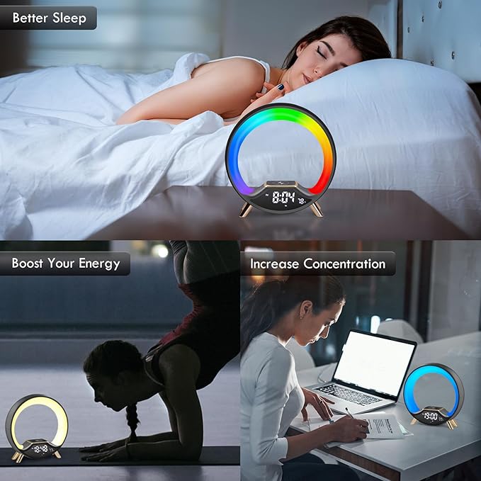 GuDoQi Sunrise Alarm Clock with Fast Wireless Charger Station and Bluetooth, Full Screen with Sunrise Simulation Light, Sleep Aid, Dual Alarms, FM Radio, 10 Colors Nightlight for Bedroom, Black