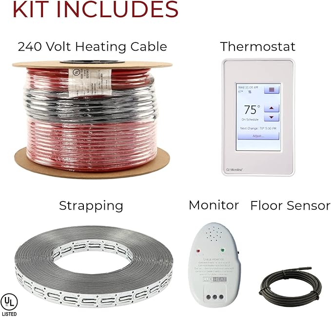 LuxHeat 160sqft Floor Heating Cable Kit - 240v Under Tile Floor Heater Kit - Heated Flooring System Includes UDG4 Programmable Thermostat w/GFCI, Heating Cable, Strapping, Flooring Sensor & Alarm