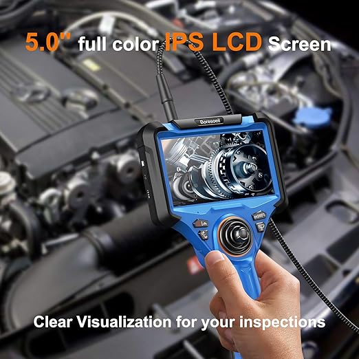 BORESOEIL 360° Articulating Borescope, 5.0FT 0.25in HD 1080P Flexible Snake Camera with Light, 5" IPS Screen for Plumbing & Machinery Inspection, Waterproof Endoscope