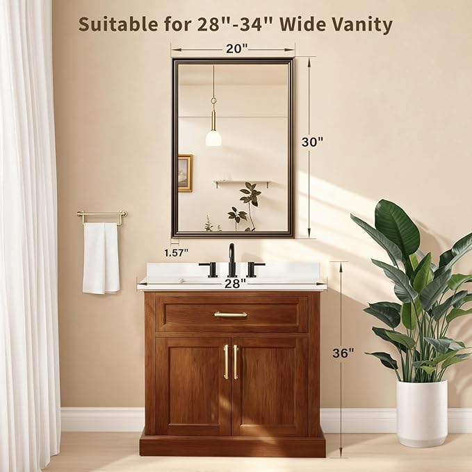 Retro Copper Effect Framed Wall Mirror, 20x30 Rectangle Mirror, Anti-desilvering Tempered Glass, Sustainable&Sturdy Frame, Anti-Rust, HD Reflection &3min Fast Setup for Bathroom Living Room