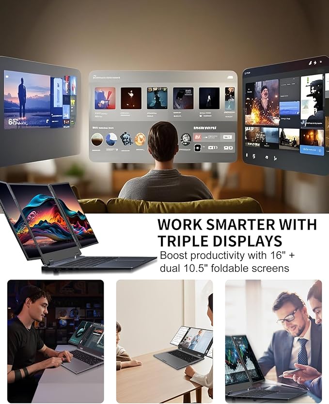 KOOFORWAY Triple Screen Laptop,16” Main + Dual 10.5” Monitors, Core i7-12700H, 32GB RAM,2TB SSD, Win 11 Pro,Wi-Fi 5,BT 5.0,Face & Fingerprint Unlock,USB-C,HDMI for Business/Design/Stock Trading