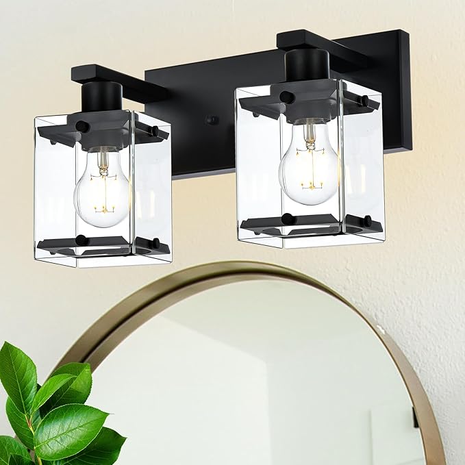 WINSHEN Black 2-Light Wall Sconce Bathroom Light Fixture, Rectangular Clear Glass Vanity Lighting Over Mirror, E26 Bulb Base