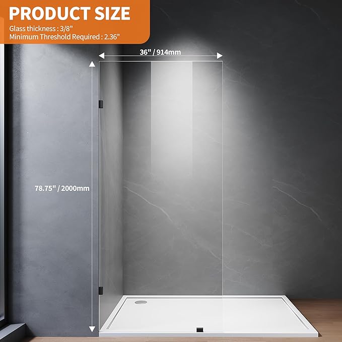Shower Glass Panel, 36" W x 78.75" H Fixed Shower Screen Panel with 3/8"(10mm) SGCC Ultra Clear Tempered Glass, Frameless Walk in Shower Door with Easy‑Clean Coating (Matte Black, 36" W x 78.75" H)