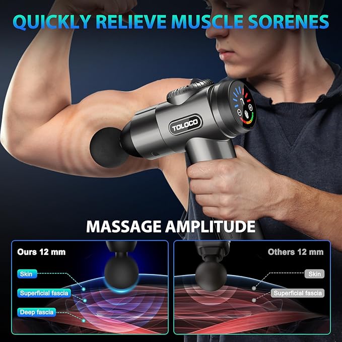 TOLOCO Massage Gun, Deep Tissue Back Massage for Athletes for Pain Relief, Percussion Massager with 10 Massages Heads & Silent Brushless Motor, Christmas Gifts for Women, Men, Grey