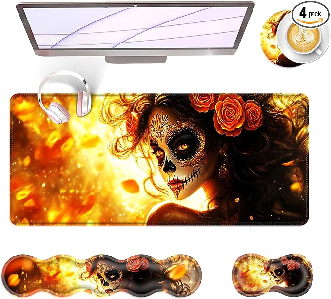 BFUKVOU Large Keyboard Mouse Pad Set, Extended Mouse Pad+Keyboard Wrist Rest Support, Memory Foam Ergonomic Easy Typing, 4Pcs (31.5×11.8 in) Desk Pad Set for Office Home,Skull Woman with Rose